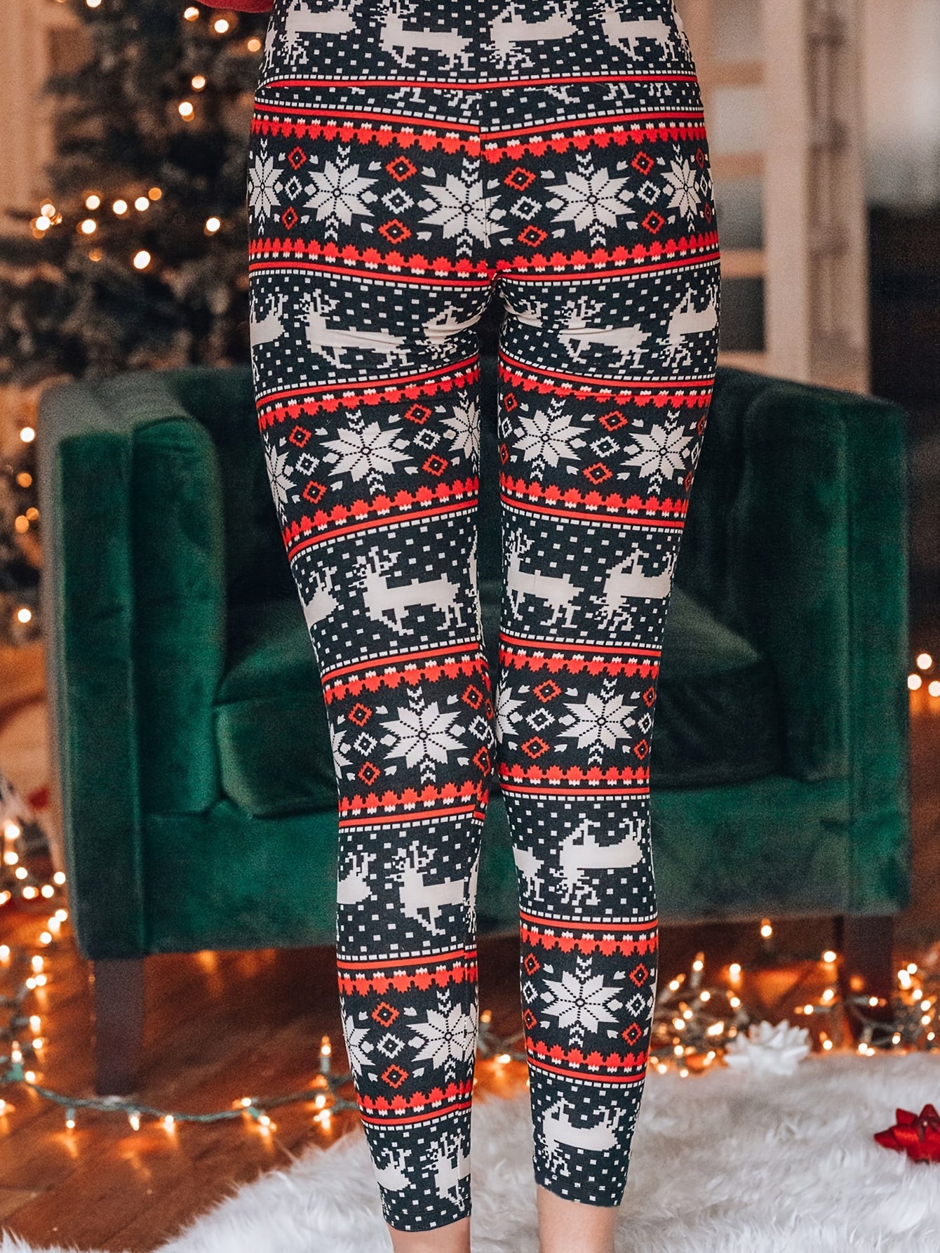  Christmas Casual Pants Snowflake & Elk Striped Leggings