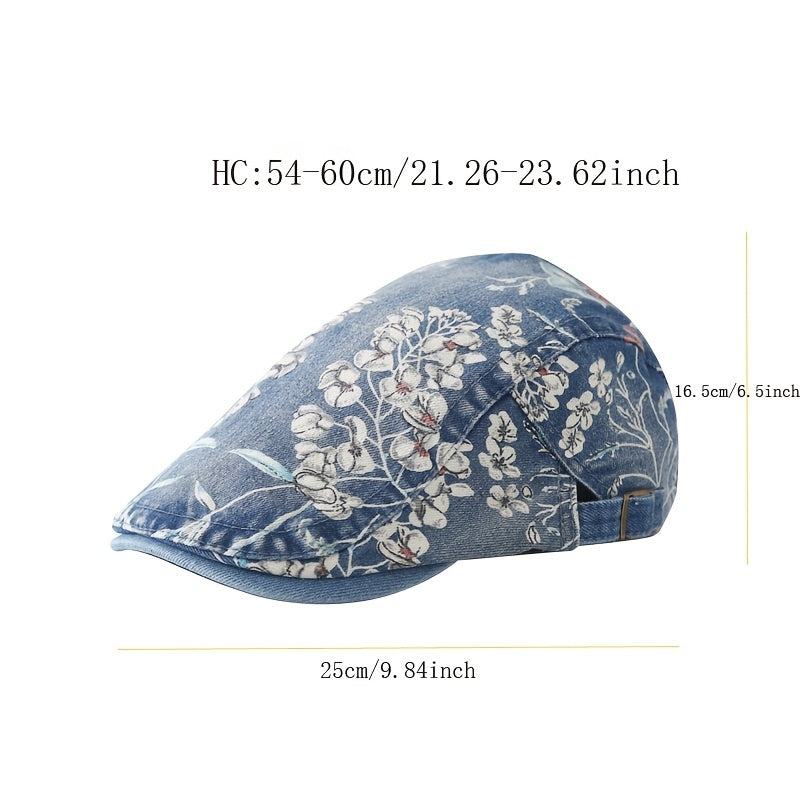 Y2K Floral Print Beret Denim Vintage Women Peaked Cap