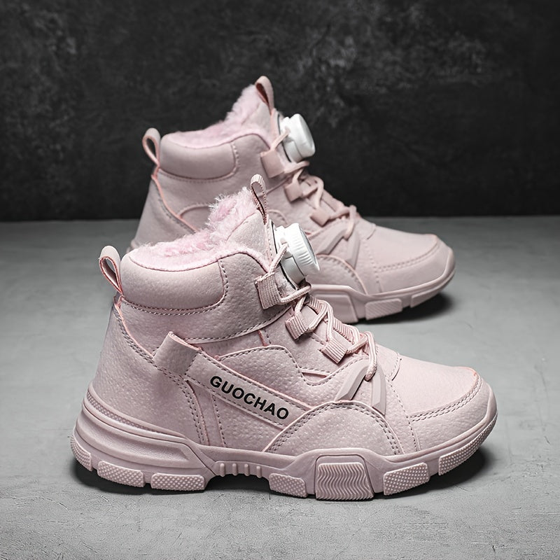 Boy's High Top Boots With Rotating Buckle Warm Plush Lining Winter