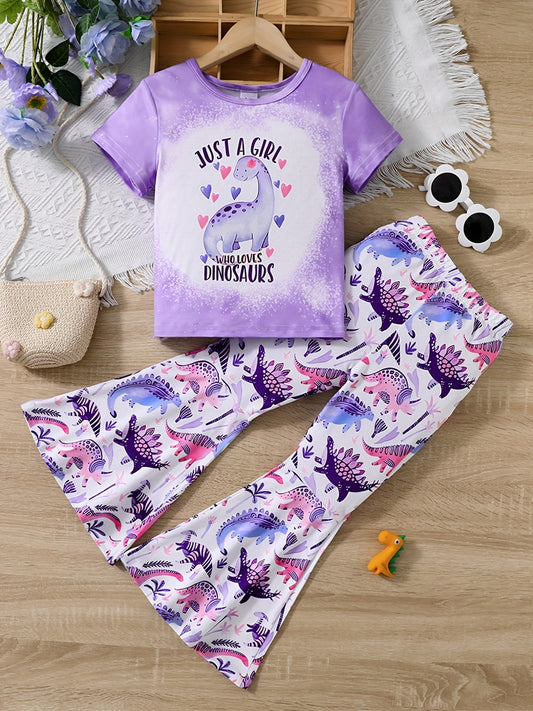 2pcs Toddler Girls Dinosaur T Shirt & Flare Leg Pants Set