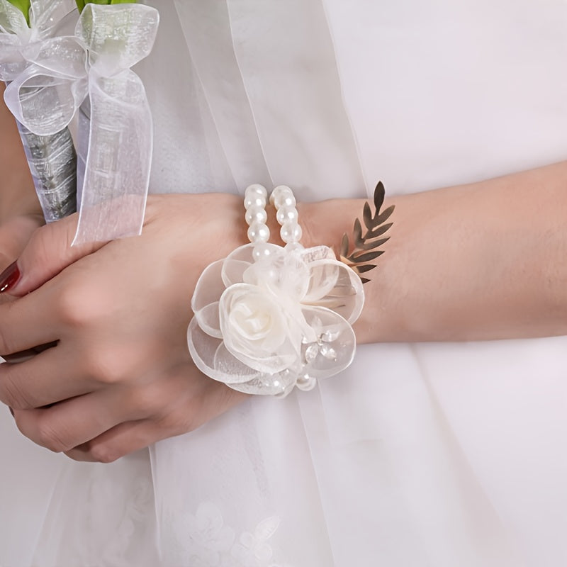 Beige Pearl Flower Bracelet for Bride
