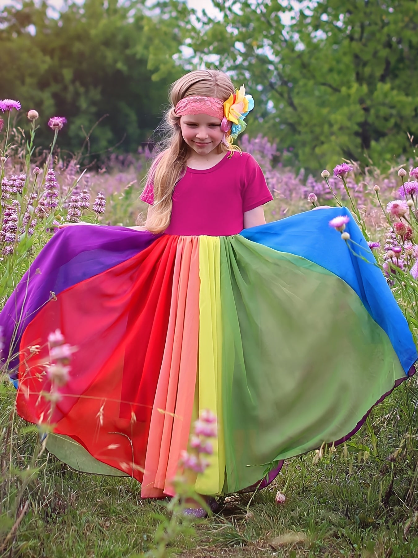 Girls Rainbow Splicing Cotton Dress Kids Summer Clothes