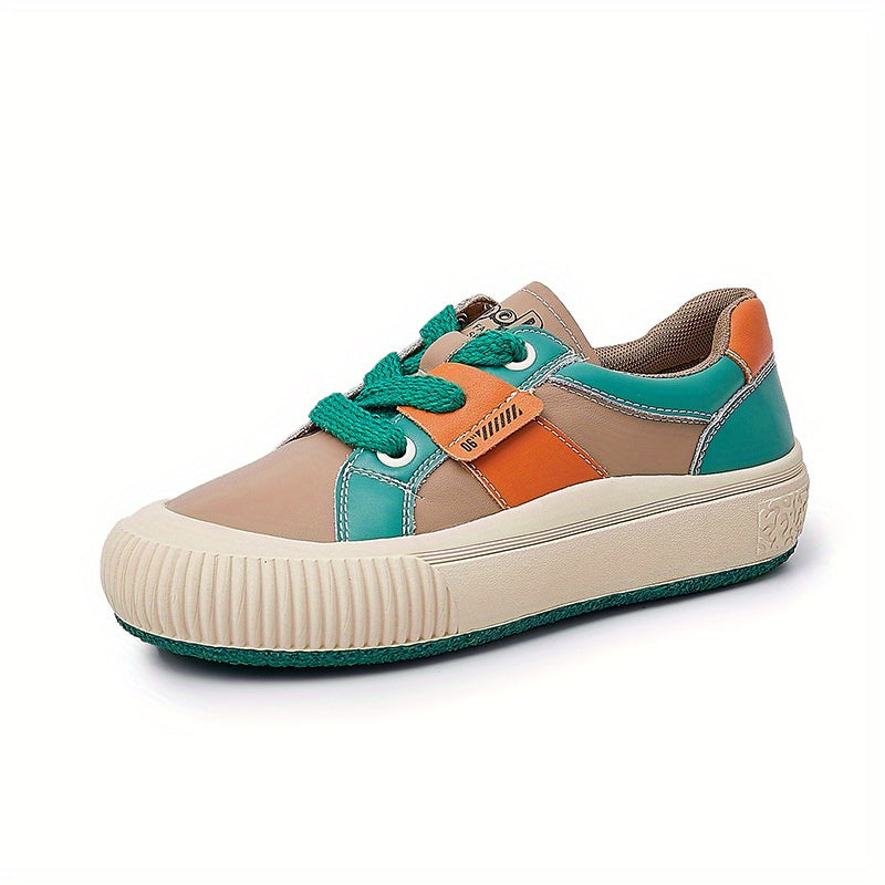 Women's Retro Block Faux Leather Sneakers Lace Up Sport Shoes