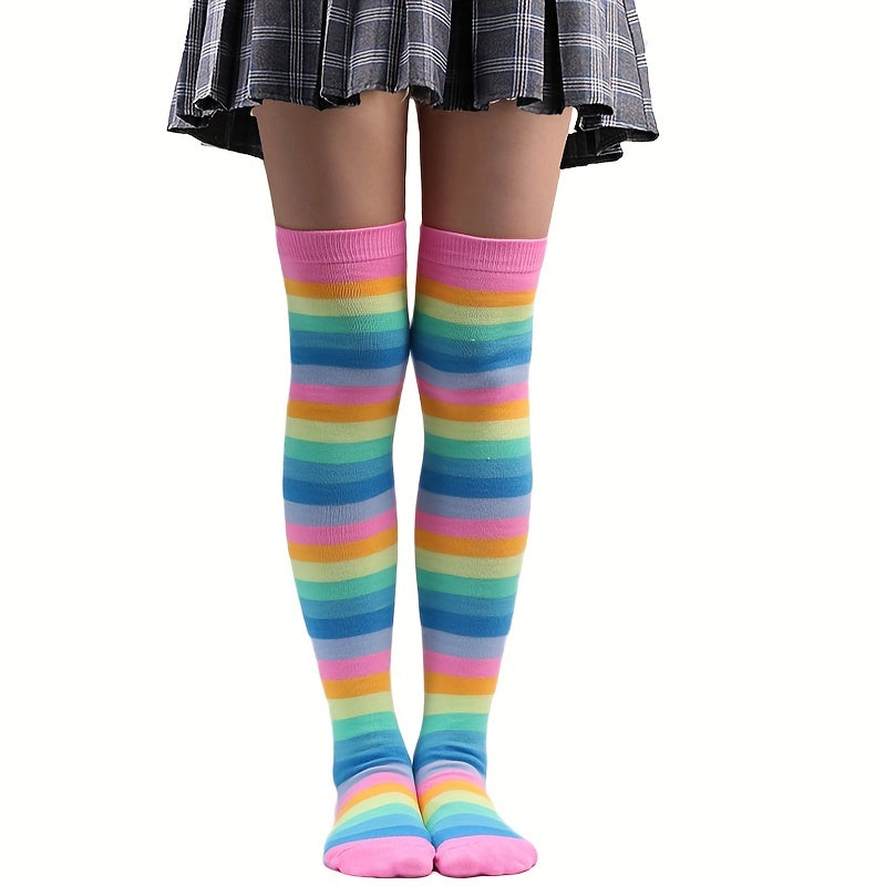Rainbow Striped Thigh High Socks Cosplay Colorblock Over The Knee Socks
