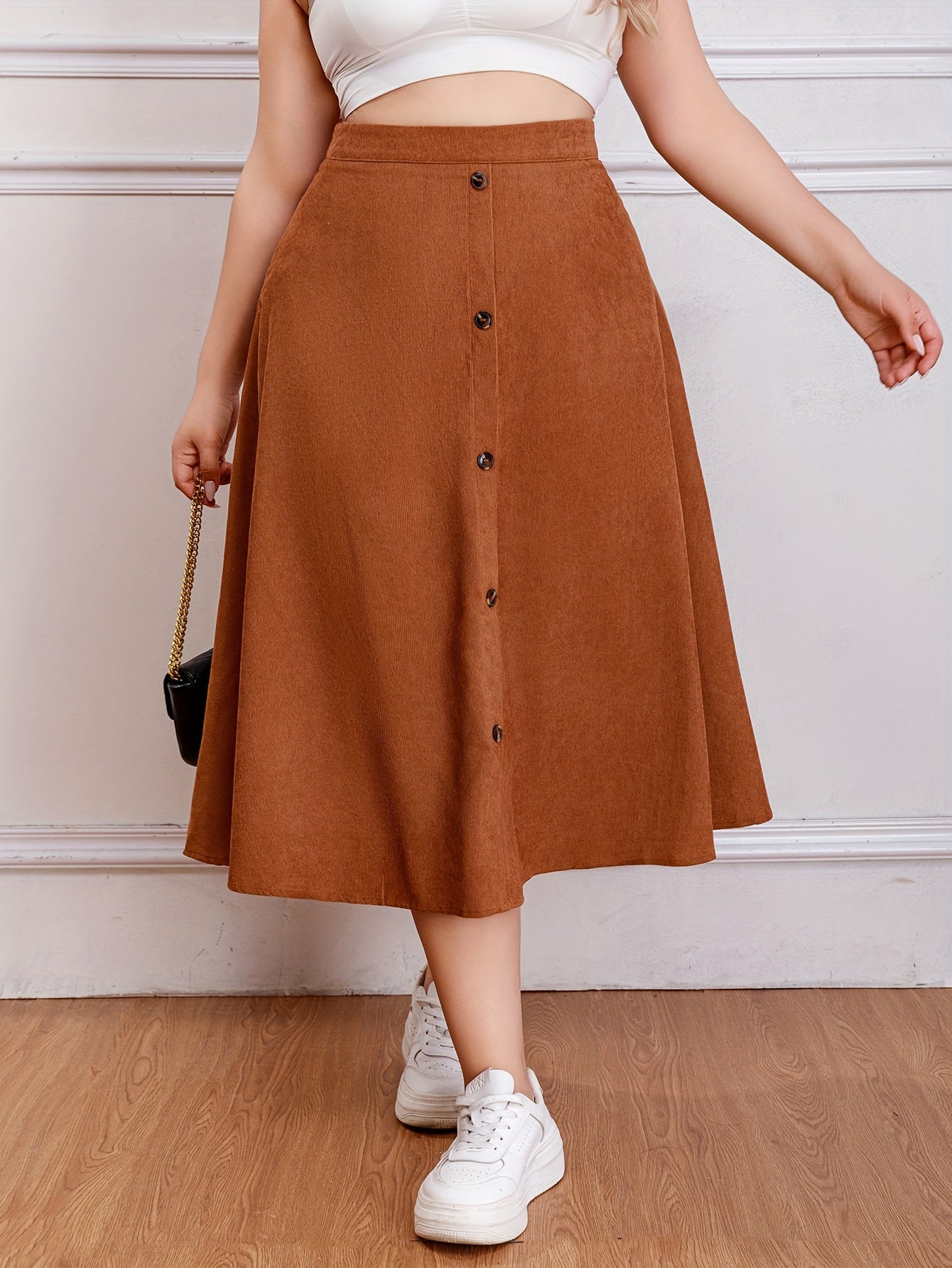  Casual Swing Maxi Skirt Solid Color High Rise Button Detail