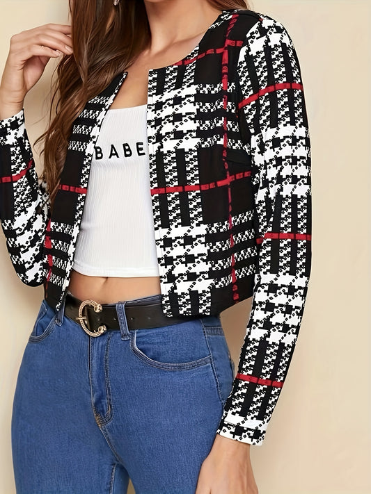Plaid Print Open Front Jacket Casual Long Sleeve Jacket