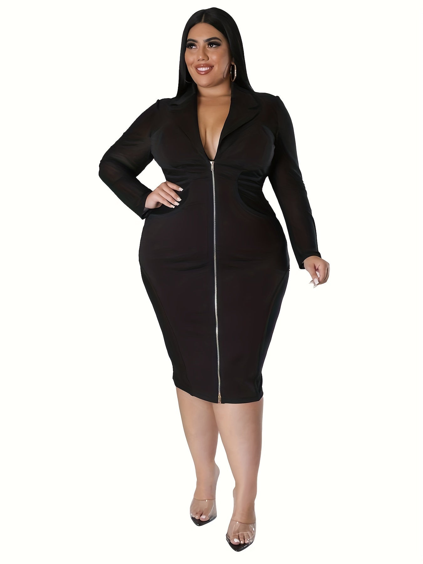  Sexy Contrast Mesh Long Sleeve Bodycon Midi Dress