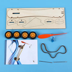 Rubber Band Power Car Kit Boys Fun Physics Toy Gift Yellow Orange Propeller