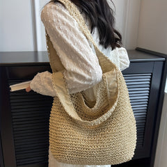 Straw Woven Beach Bag Large Capacity Shoulder Tote Boho Style Travel Holiday