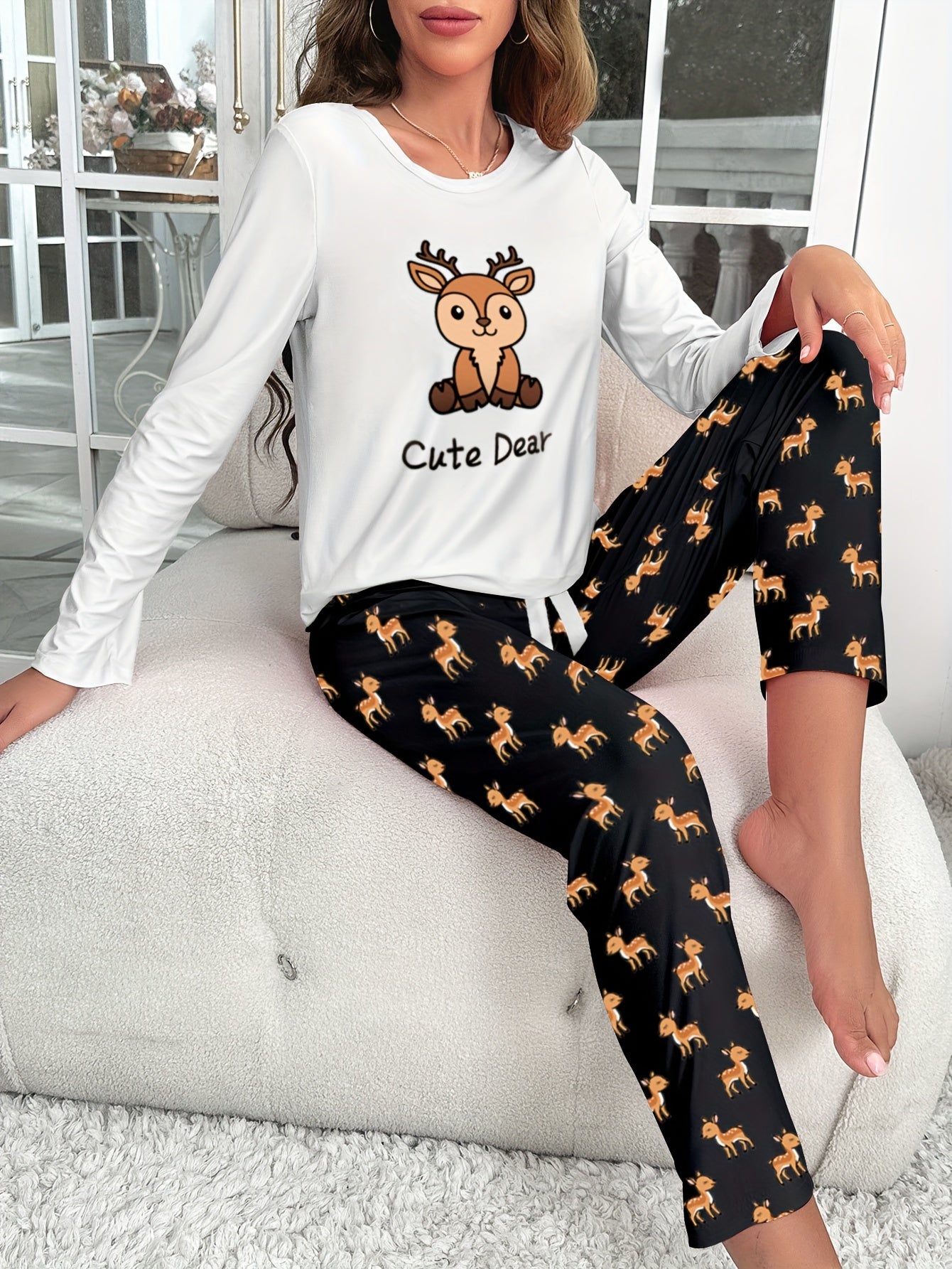 Deer Print Pajama Set Long Sleeve Crew Neck Top & Pant