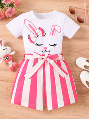 Girls Cat Graphic Top & Belted Shorts Set Kids Summer Clothes