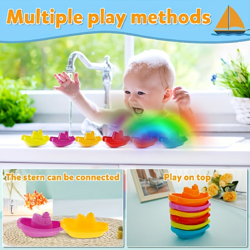 6pcs Kids' Bath Toys Rainbow Stacking Boat Uncharged