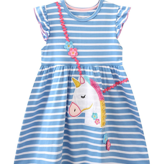 Toddler Girls Unicorn Embroidery Striped Cotton Casual Dress