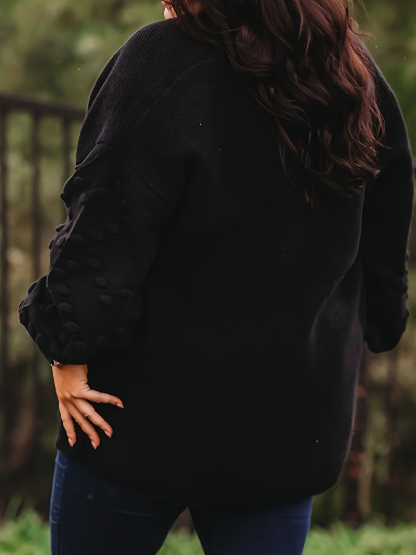 Plus Size Solid Dot Pattern Lantern Sleeve Open Front Sweater Cardigan