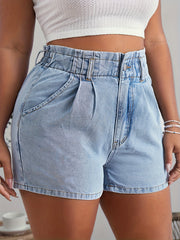  Solid Button Fly High Rise Denim Shorts