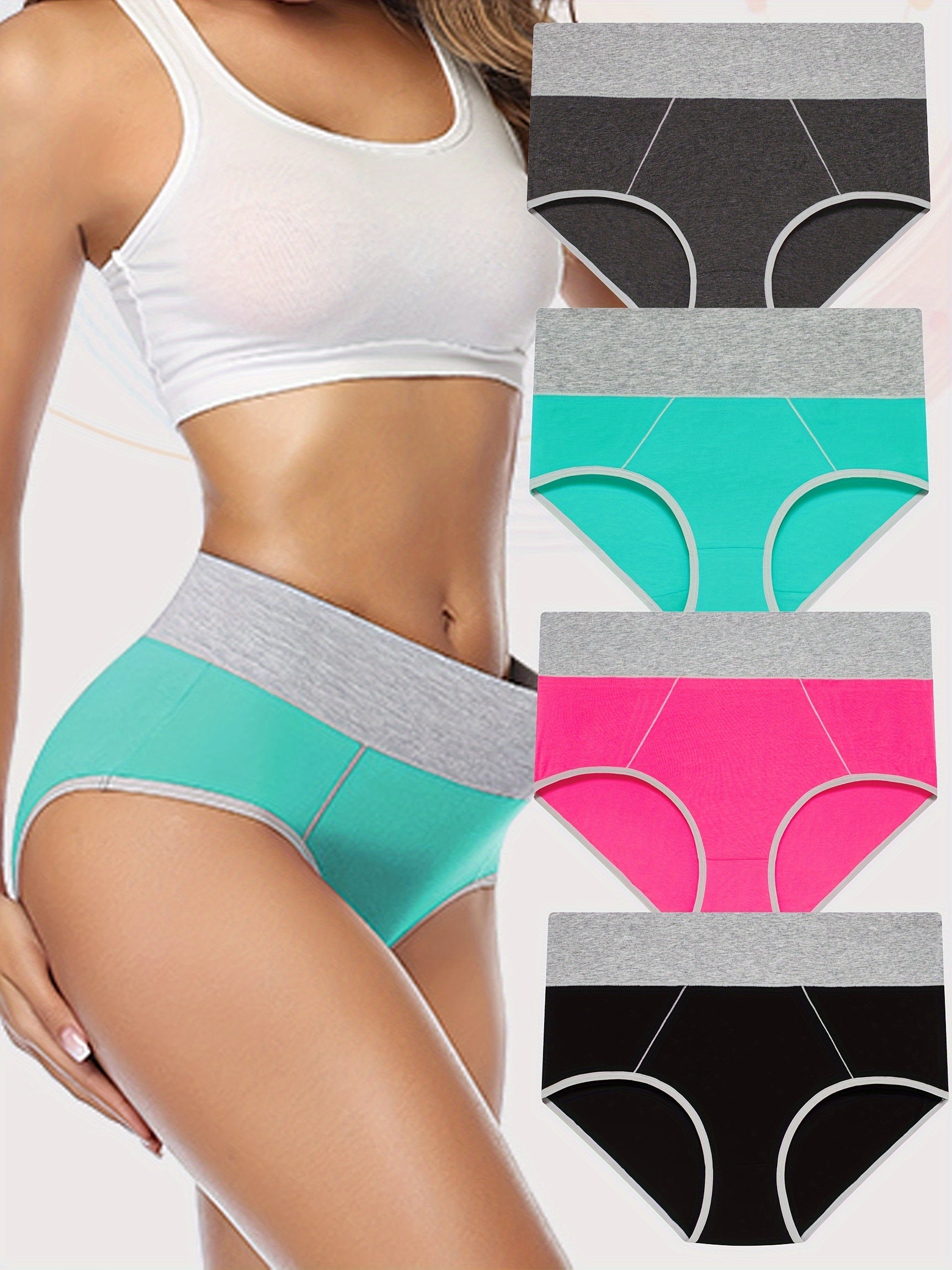 4pcs Colorblock Stretch Briefs High Waist Panties Women's Lingerie