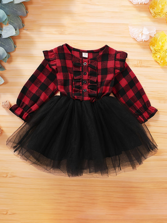Girls Plaid Button Tulle Tutu Patchwork Princess Dress