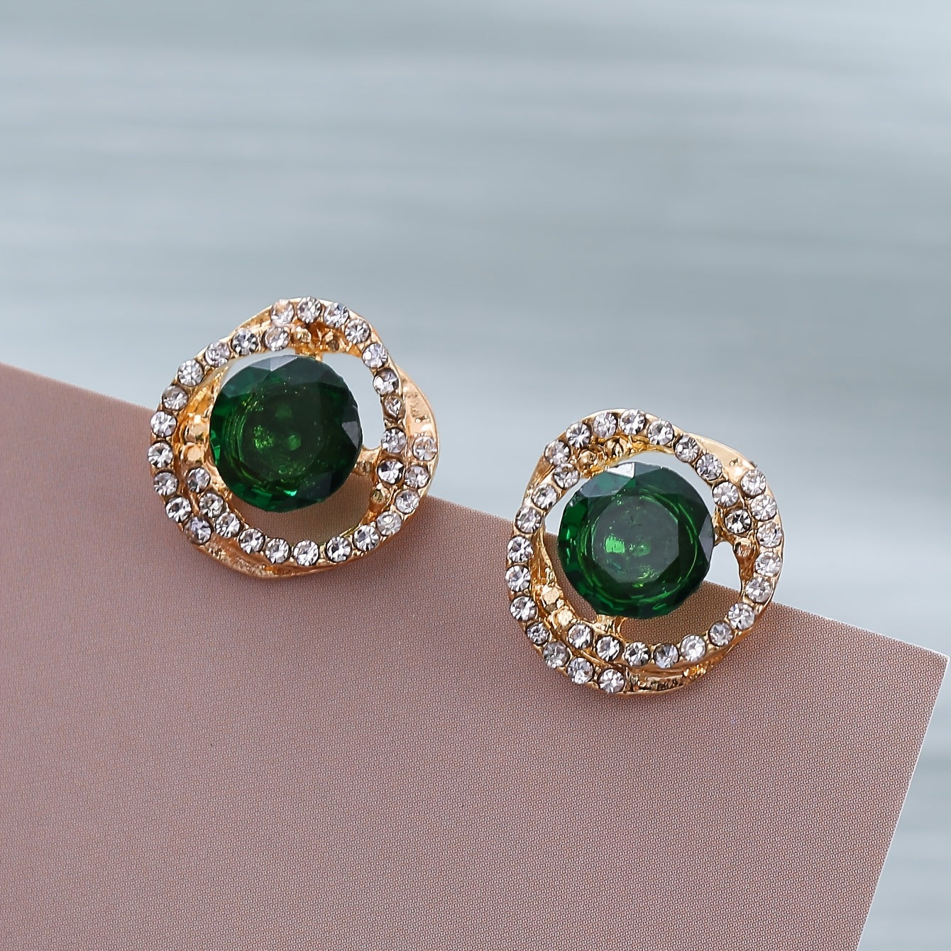 Emerald Crystal Floral Stud Earrings Retro Style 18K Plated Jewelry