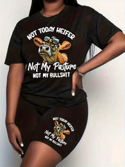  Casual 2 Piece Set Cow & Slogan Print Top & Shorts