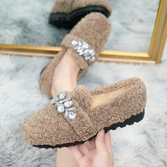 Women's Plush Lined Rhinestone Flats Square Toe Slip On Shoes