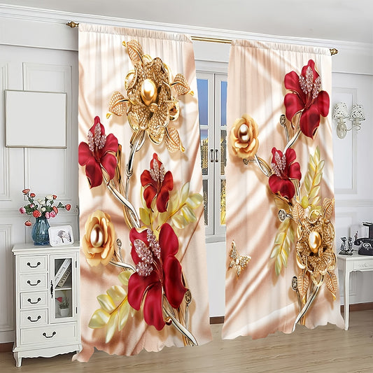 2pcs 3D Red Rose Flowers Curtain Golden Flowers Blackout Rod Pocket Curtain