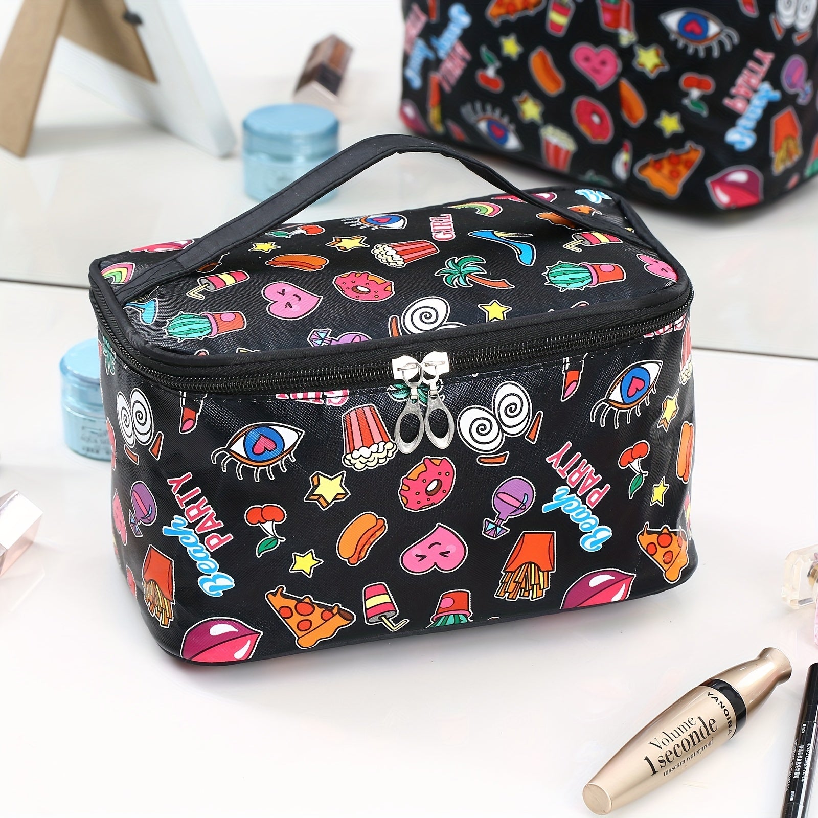 Cartoon Printed Cube Travel Cosmetics Wash Bag PU Portable Storage Bag