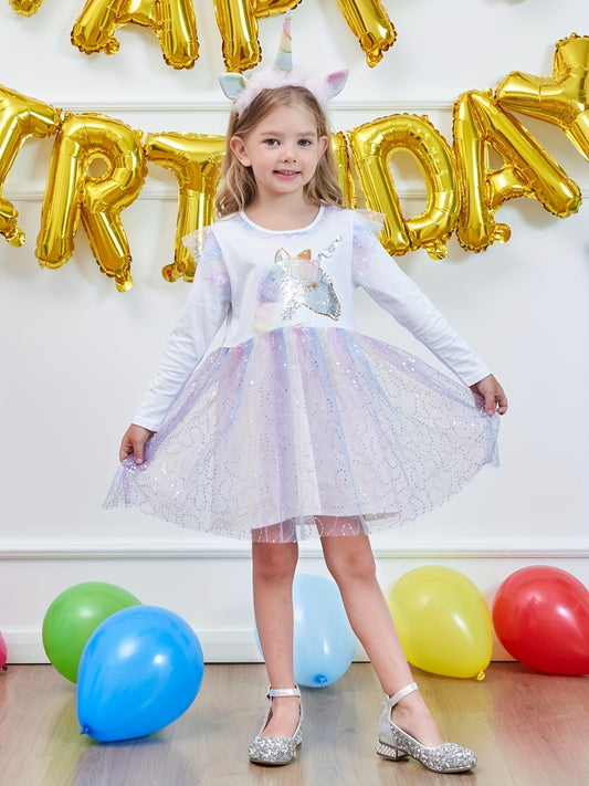 Girls' Mermaid Print Cotton Long Sleeve Tutu Dress Birthday Party Mesh Dress
