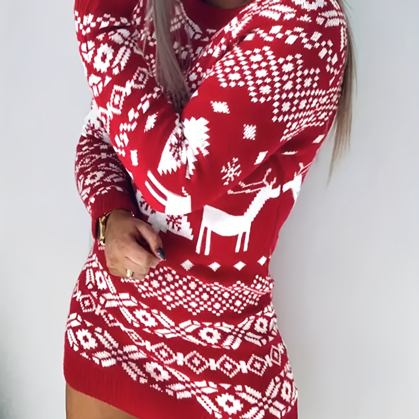  Christmas Sweater Dress Women's Plus Elk & Snowflake & Tree Pattern
