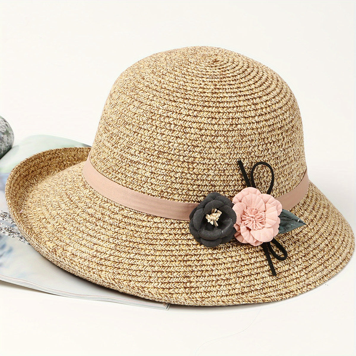 Flower Decor Straw Sun Hat UV Protection Bucket Hat for Women
