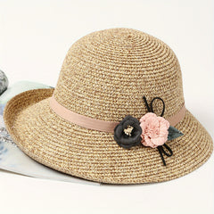 Flower Decor Straw Sun Hat UV Protection Bucket Hat for Women