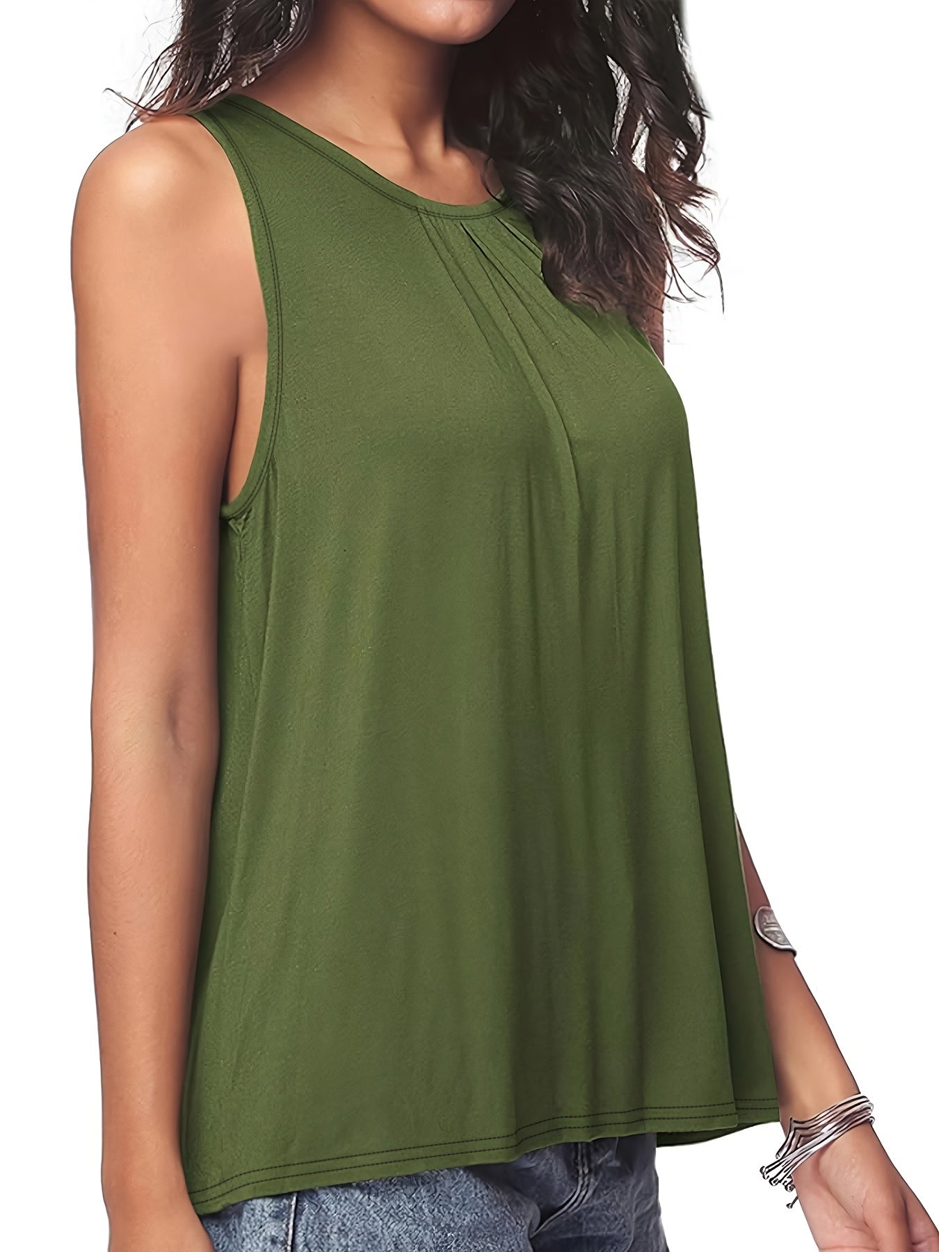  Casual Tank Top Women's Plus Solid Ruched Keyhole Back Tank Top