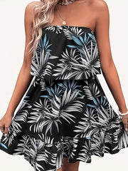  Tropical Print Strapless Ruffle Trim Mini Tube Dress