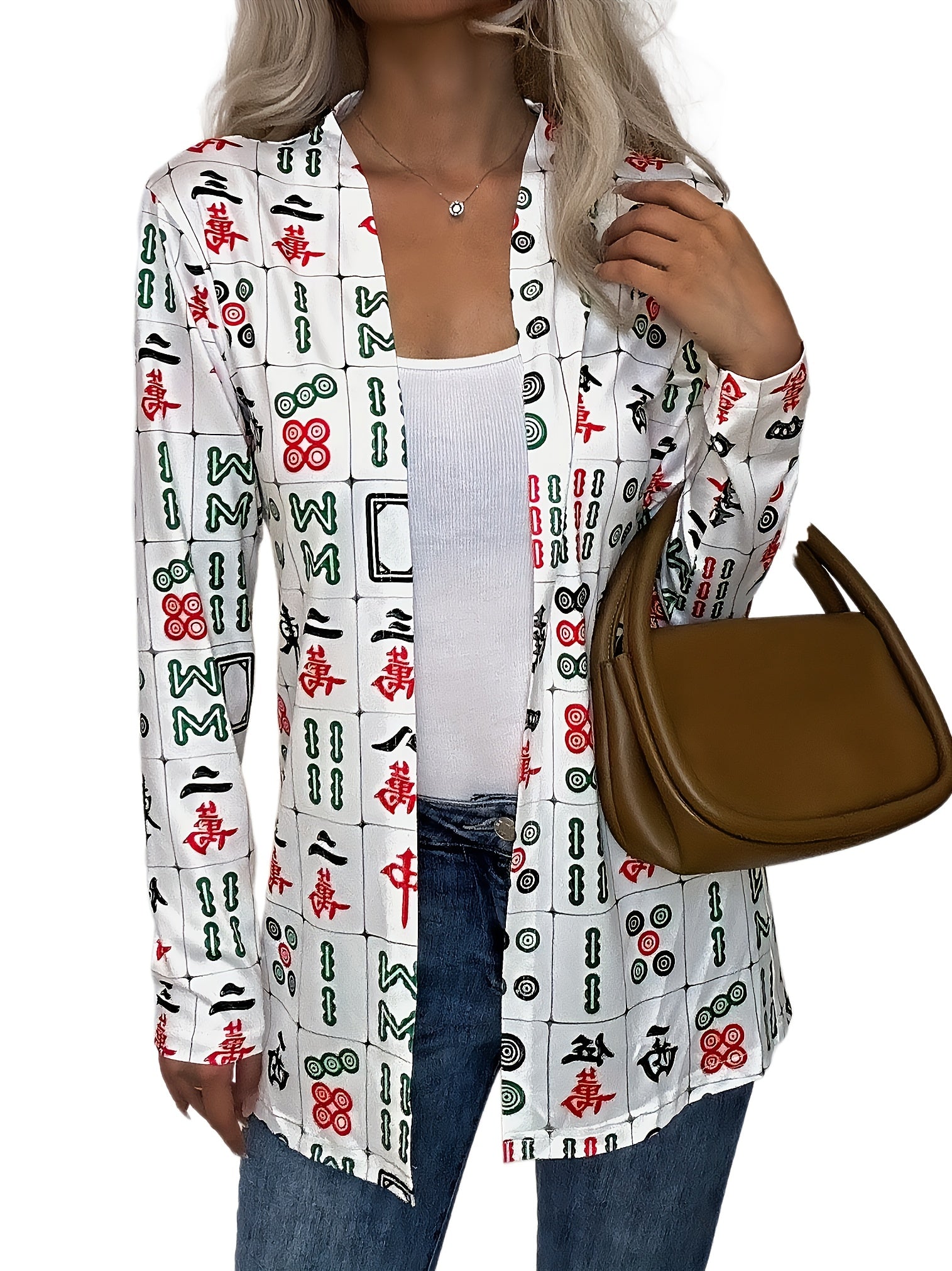  Open Front Cardigan V Neck Long Sleeve Stretch Print Casual