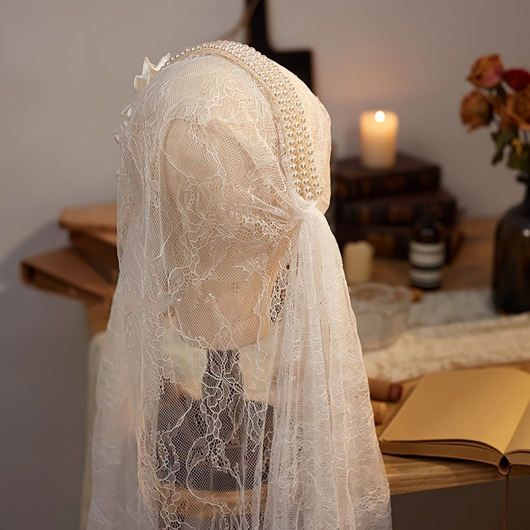 Vintage Romantic High End Lace Headpiece Veil with Pearls