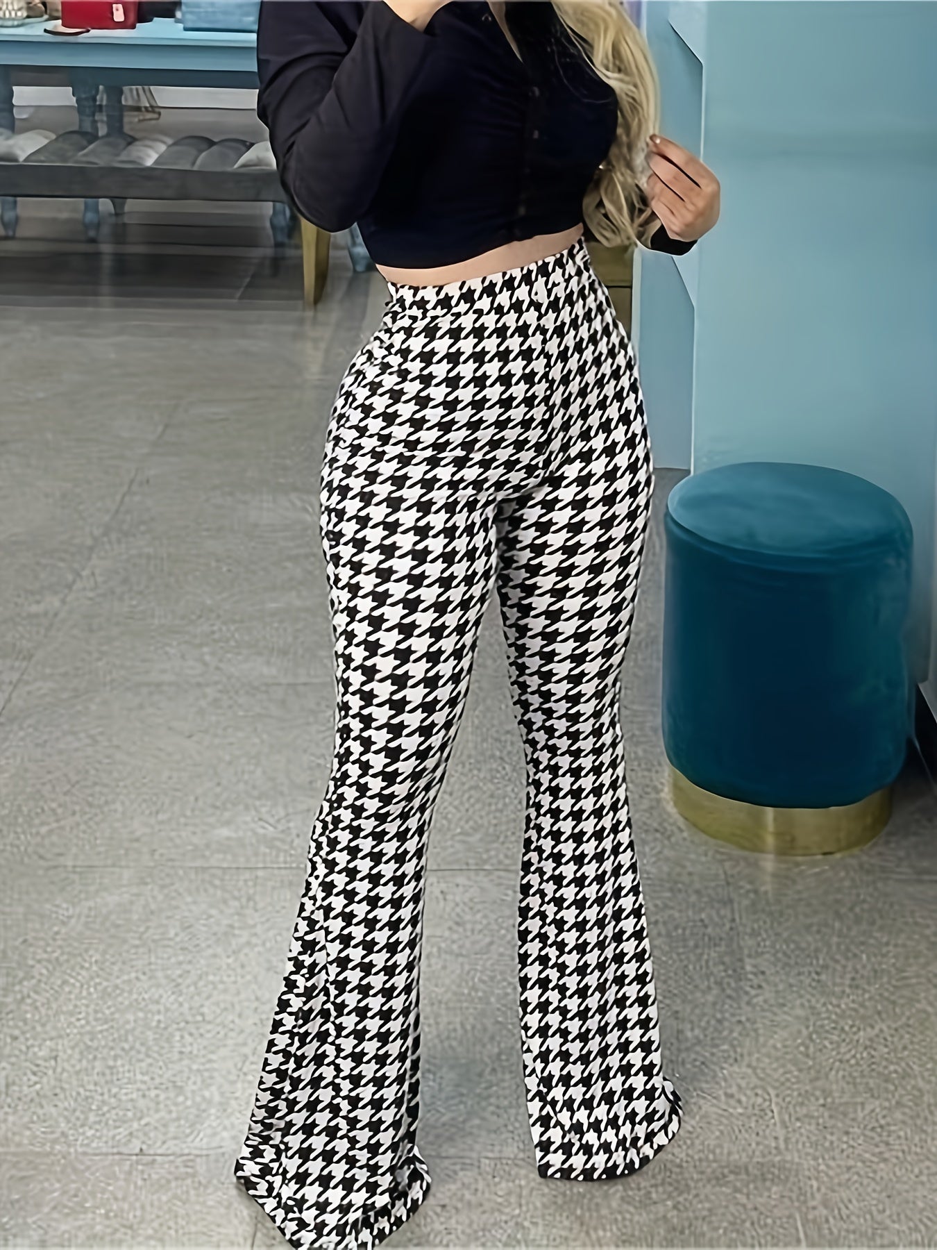  Houndstooth Print High Rise Flared Leg Trousers