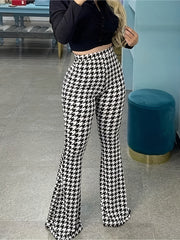  Houndstooth Print High Rise Flared Leg Trousers