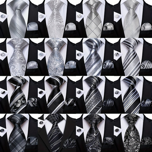 Grey Tie Set Necktie Handkerchief Cufflinks for Party Gift