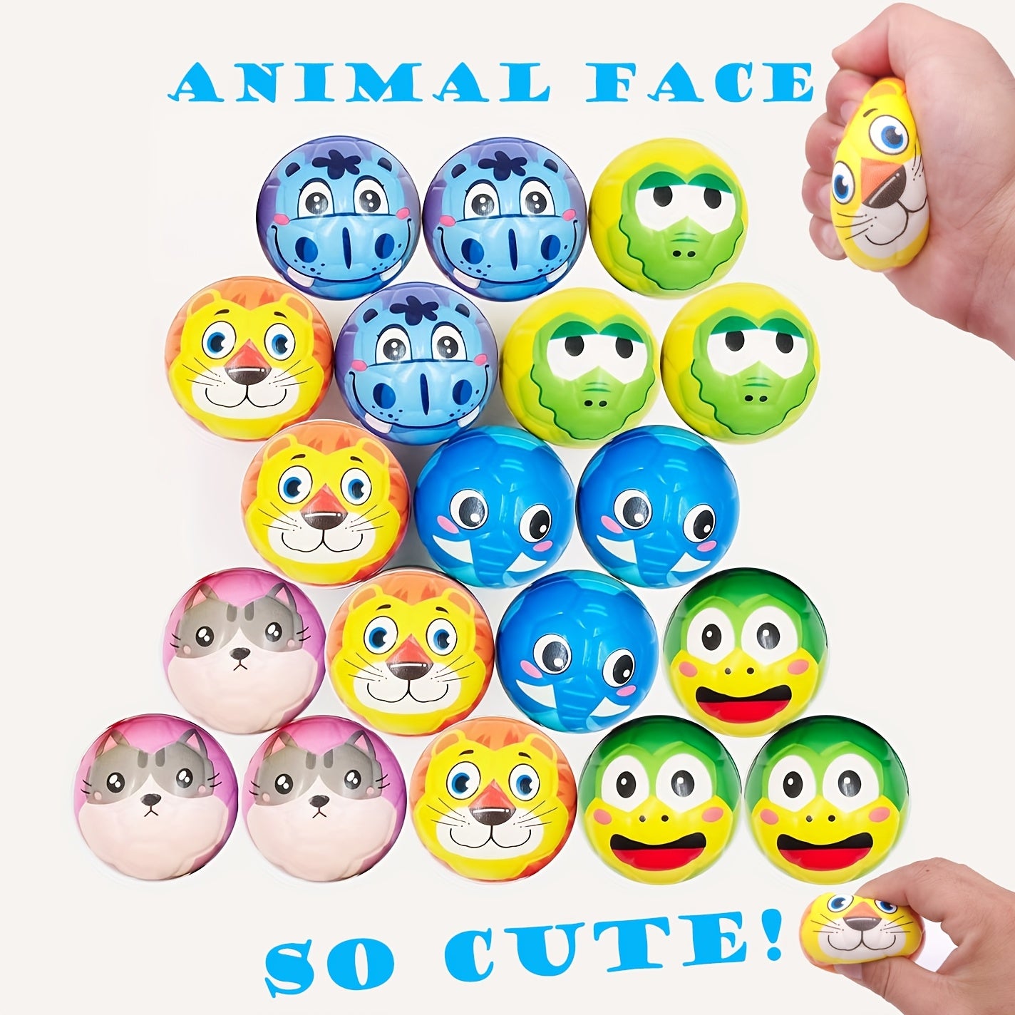 24 Sponge Balls with Cartoon Animal Face, 6.3 cm Diameter