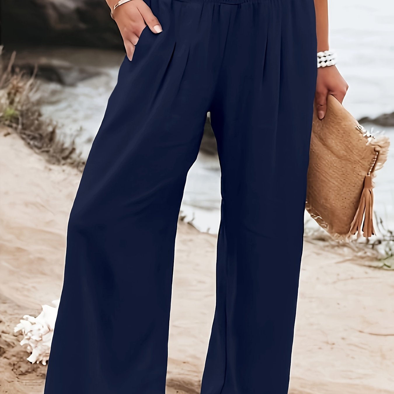 Solid Shirred Waist Wide Leg Trousers