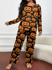  Pumpkin Print Pajamas Set Halloween Lounge 2 Piece
