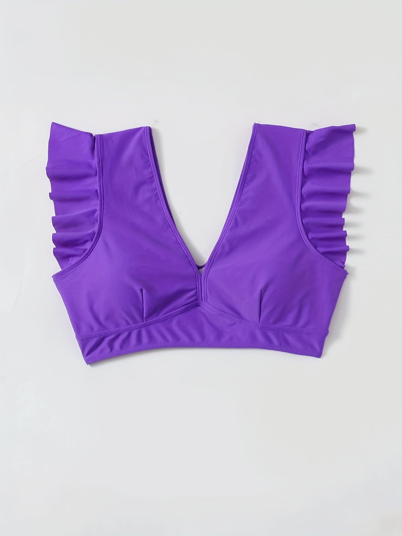  Bikini Top Solid V Neck Ruffle Trim Padded Swimwear
