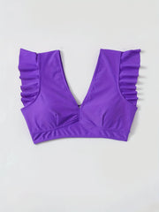  Bikini Top Solid V Neck Ruffle Trim Padded Swimwear