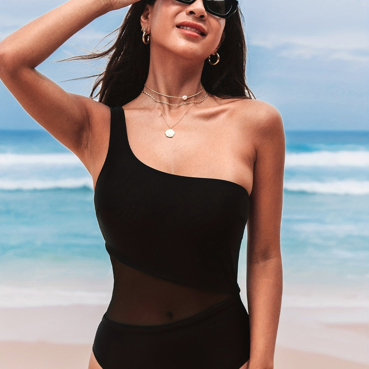 Mesh Contrast One Shoulder One Piece Swimsuit Women's Swimwear