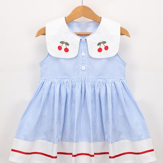 Toddler Girls Striped Sleeveless Dress with Cherry Decor