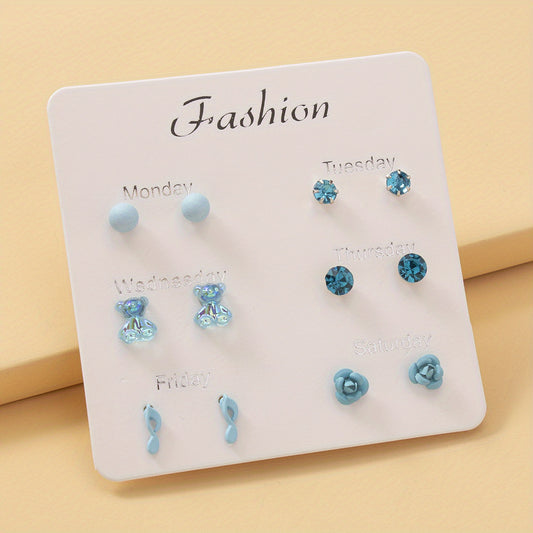 6 Pairs Ladies Bear Flower Music Symbol Stud Earrings Set