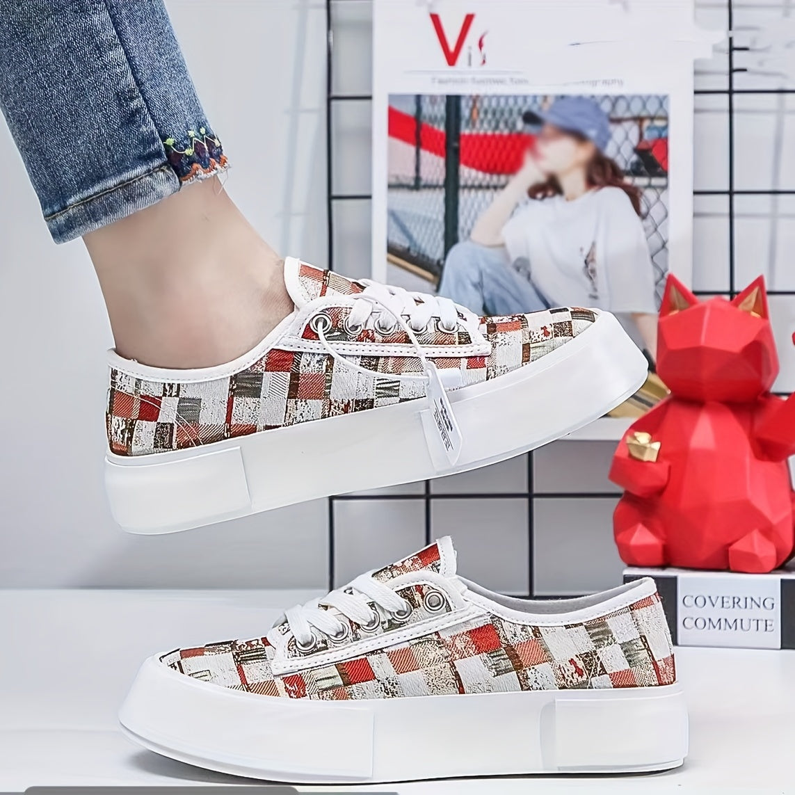 Women's Checkered Canvas Sneakers Lace Up Low Top Skate Shoes