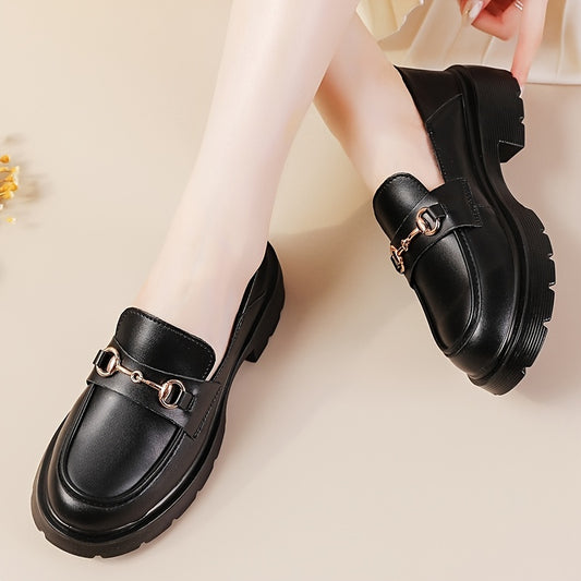 Platform Loafers with Metal Buckle Decor Faux Leather Round Toe Shoes