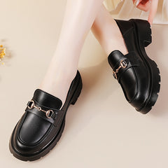 Platform Loafers with Metal Buckle Decor Faux Leather Round Toe Shoes