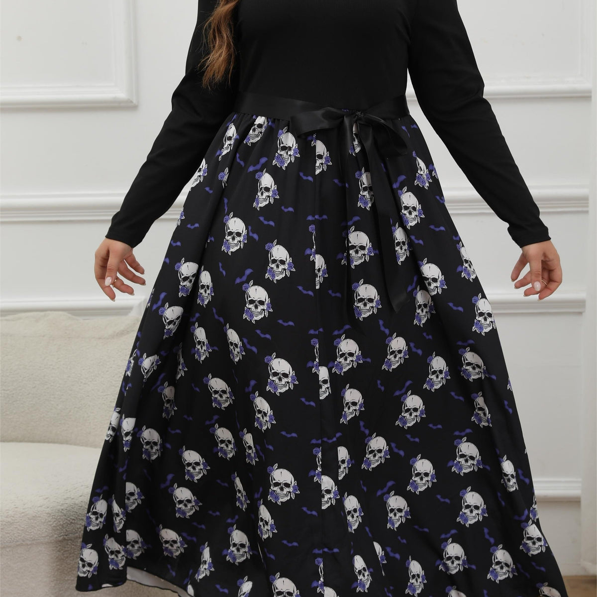  Skull & Bat Print Long Sleeve Maxi Dress
