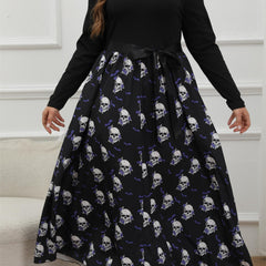  Skull & Bat Print Long Sleeve Maxi Dress